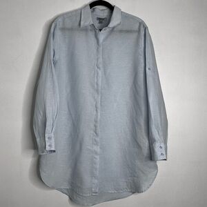 DKNY 100% Linen Tunic Shirt Women’s Size L Light Blue Roll Tab Sleeves Oversized